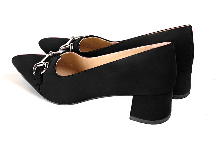 Matt black women's dress pumps,with a square neckline. Tapered toe. Low flare heels. Rear view - Florence KOOIJMAN